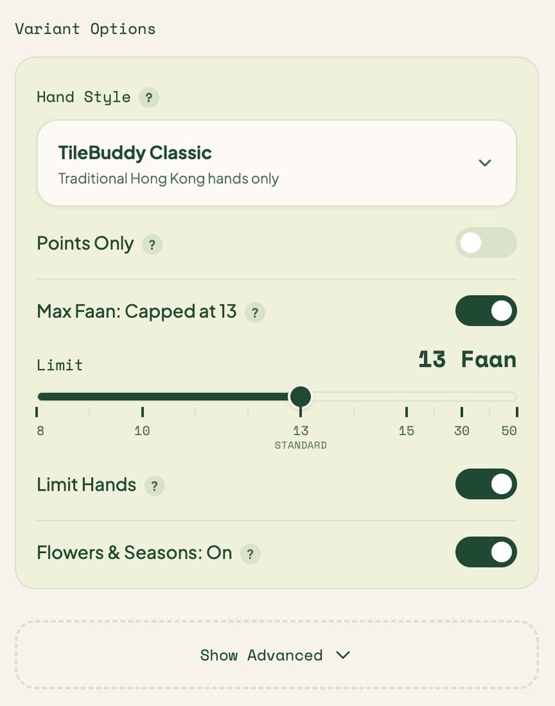 The variant options: hand style, the faan cap and its limit, limit hands, flowers and seasons