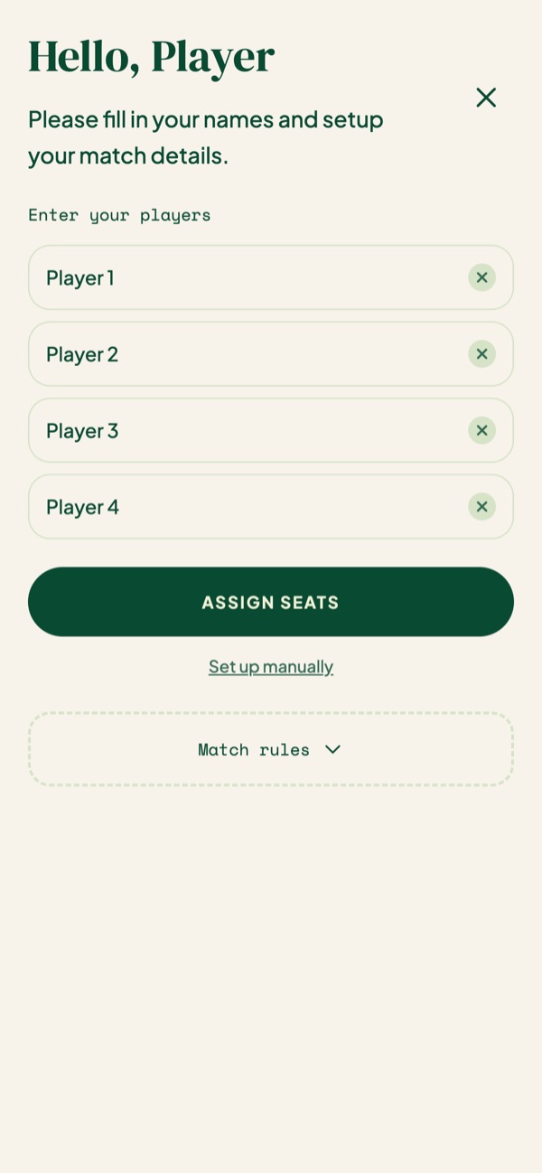 Setup screen with four player name fields and an Assign seats button