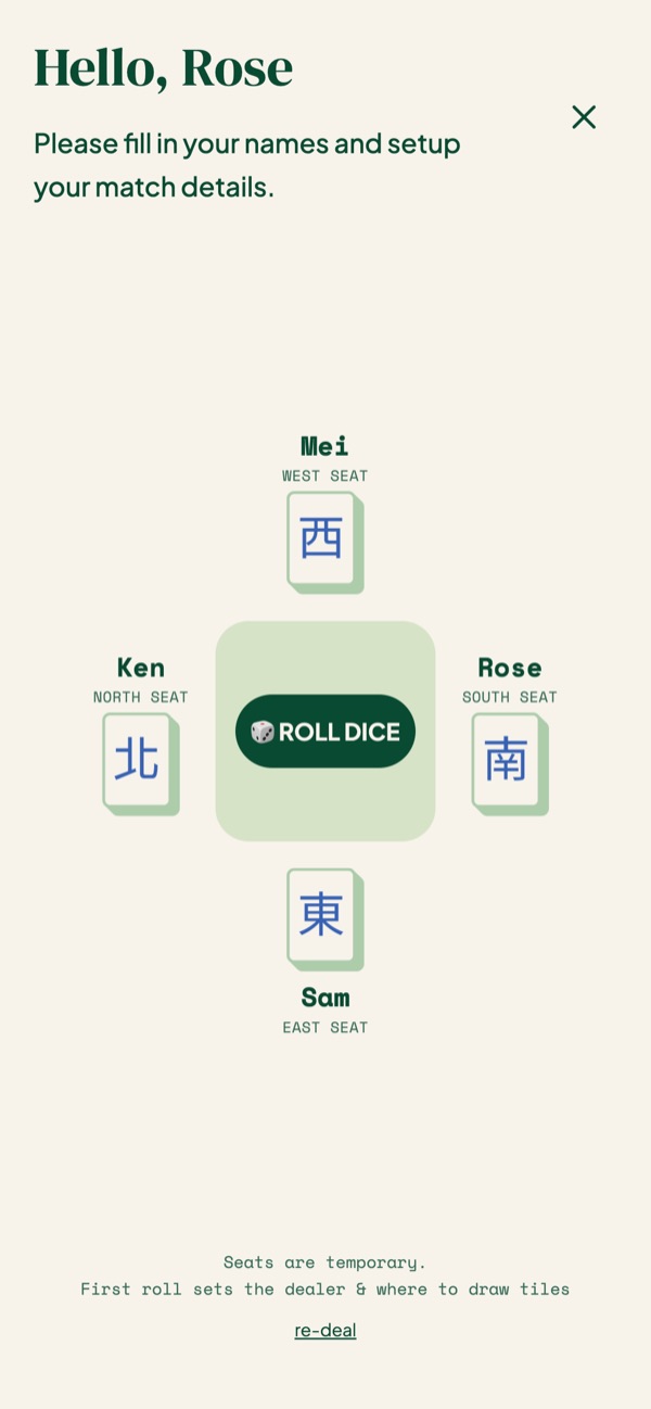 Four players placed at East, South, West and North, with a Roll dice button in the middle