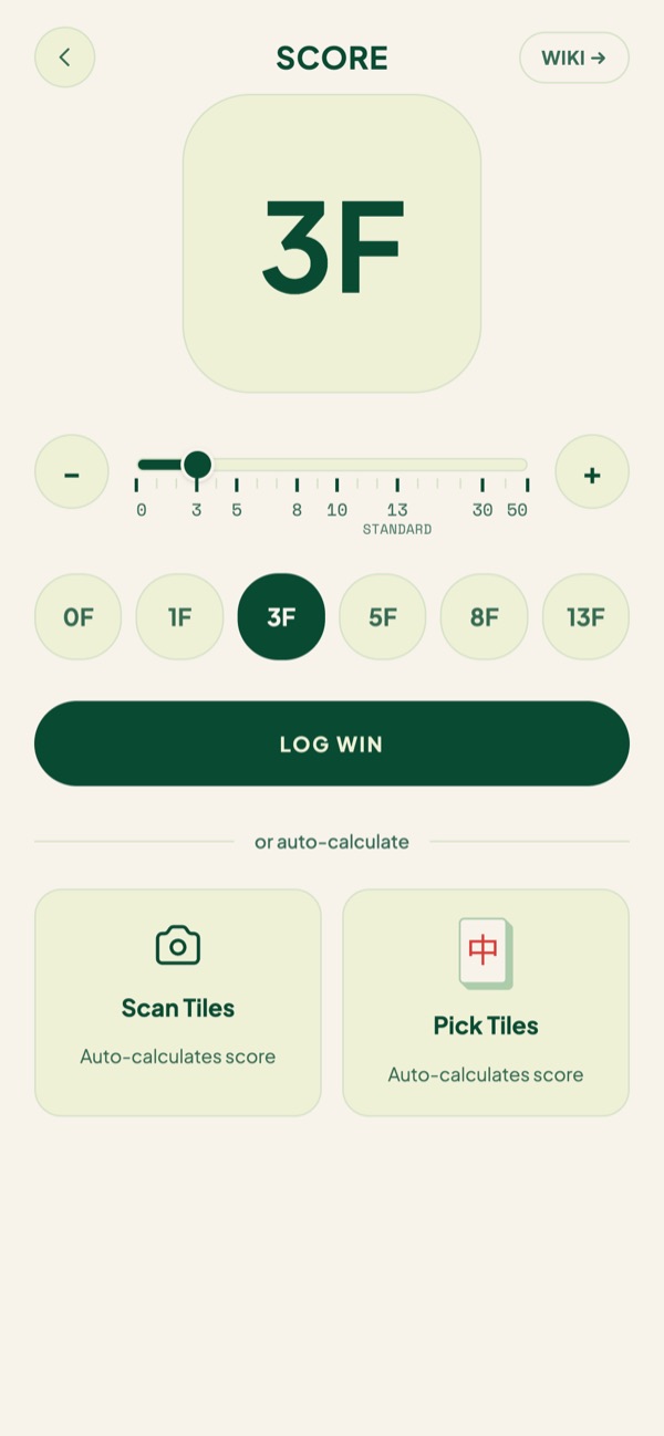 Score screen: quick buttons from 0F to 13F, Log win, and Scan Tiles or Pick Tiles to auto-calculate