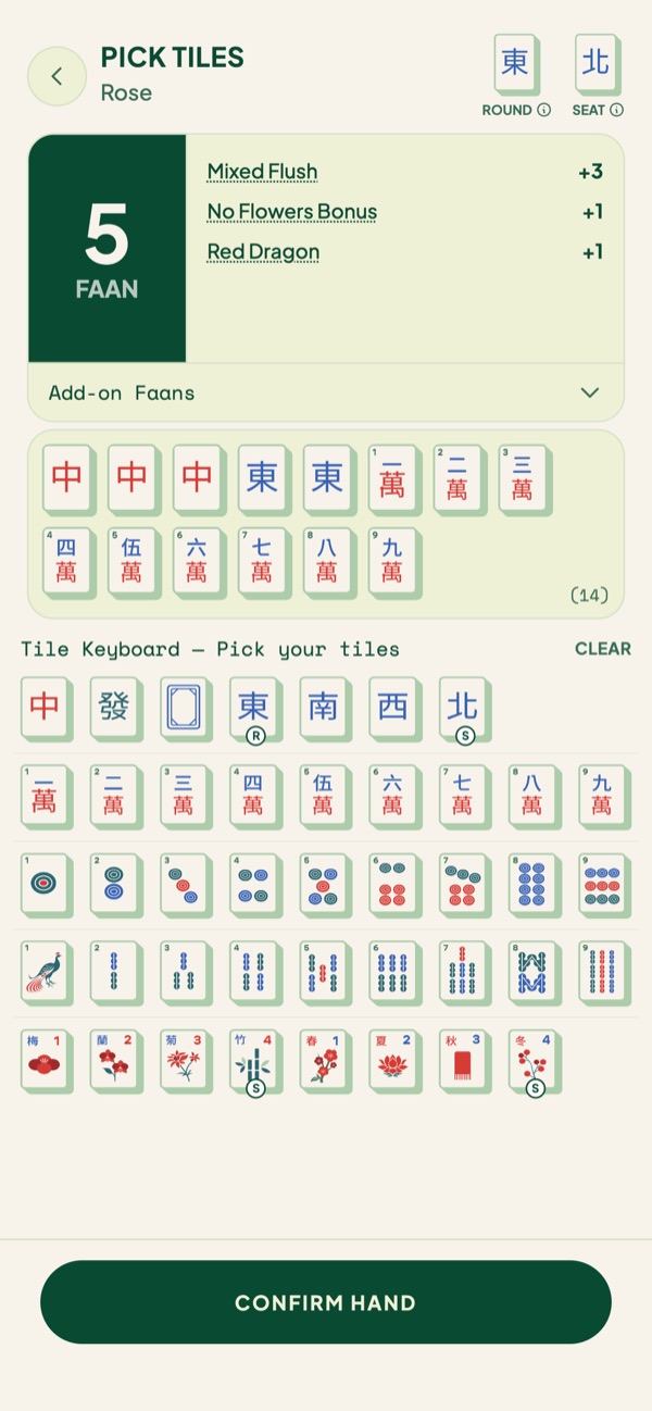 Pick Tiles with a full hand entered: Mixed Flush, No Flowers Bonus and Red Dragon for 5 faan