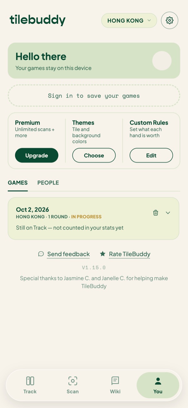 You tab: sign in to save your games, Premium, Themes and Custom Rules, and your game history
